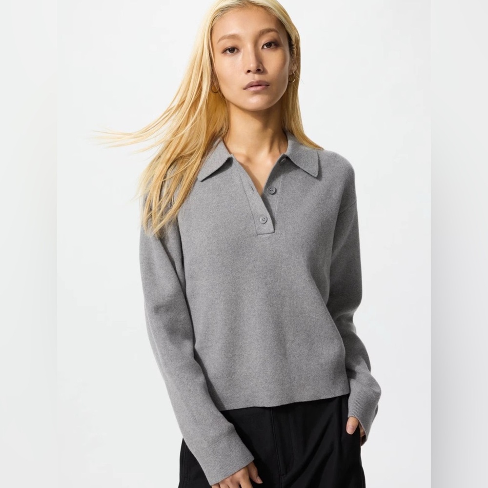 UNIQLO Smooth Cotton Polo Collared Sweater in Grey - M